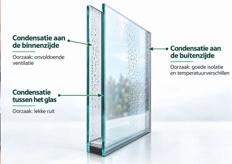 Condens kan aan de binnenzijde, buitenzijde of tussen de glaslagen zitten.